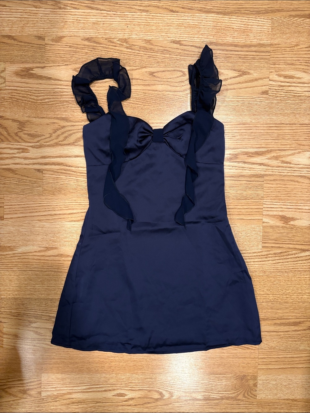 NWT Beginning Boutique Navy Satin Ruffle Dress